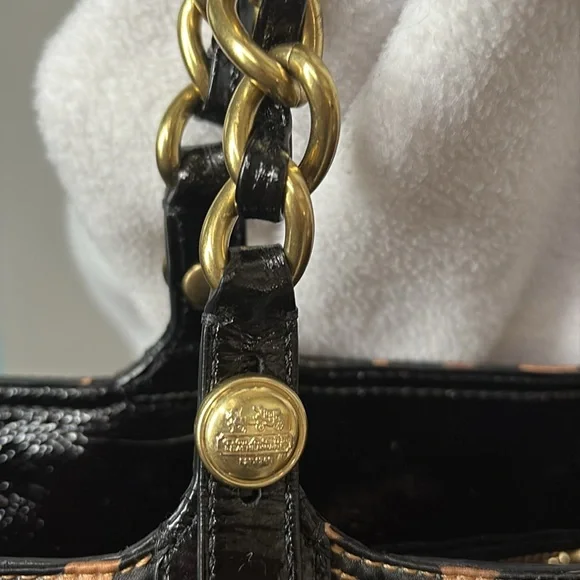 Coach Cheetah print shoulder bag gold/black/patent leather trim chain strap - Picture 7 of 17